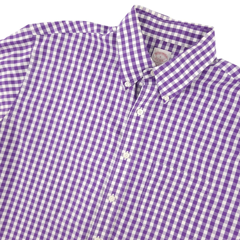 Brooks Brothers Shirt Mens L Purple Check Short Sleeve Non Iron Cotton
